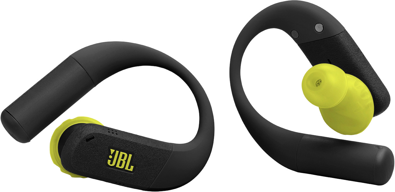 Deux écouteurs sans fil JBL noirs avec embouts jaunes. Les écouteurs sont sur fond blanc. Le logo JBL est visible.