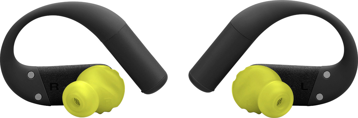 Deux écouteurs sans fil noirs avec des embouts jaunes. L'écouteur droit porte un 'R' et le gauche un 'L'.