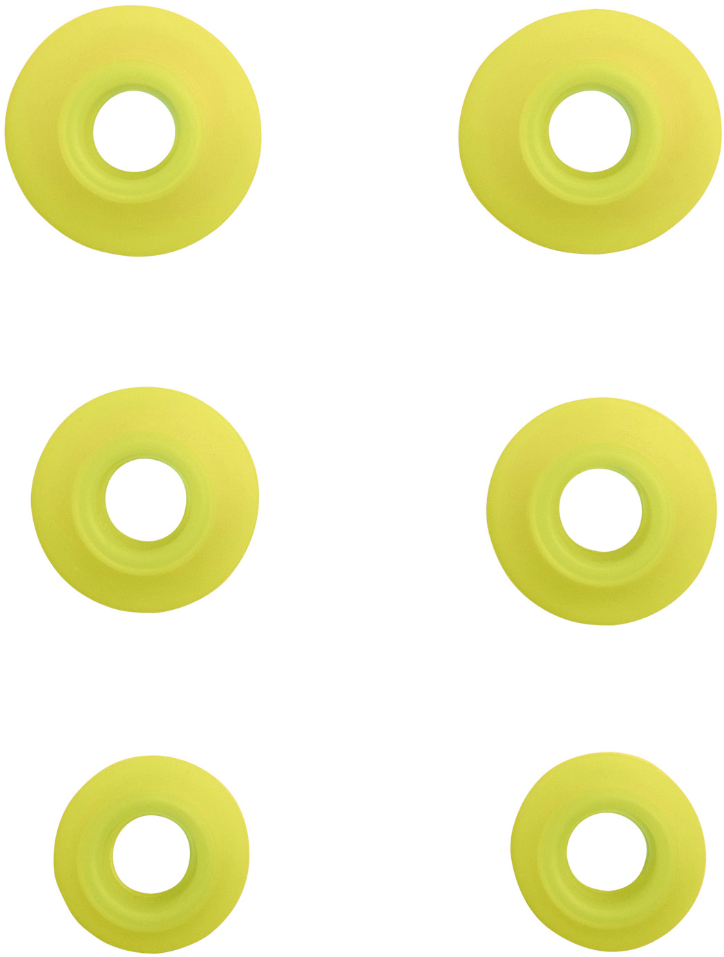 Six objets jaunes en forme de donut avec des trous centraux sont disposés sur un fond blanc.