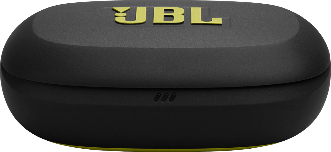 Étui d'écouteurs JBL noir et jaune. L'étui est ovale, avec le logo JBL sur le dessus. Trois petits trous en bas.