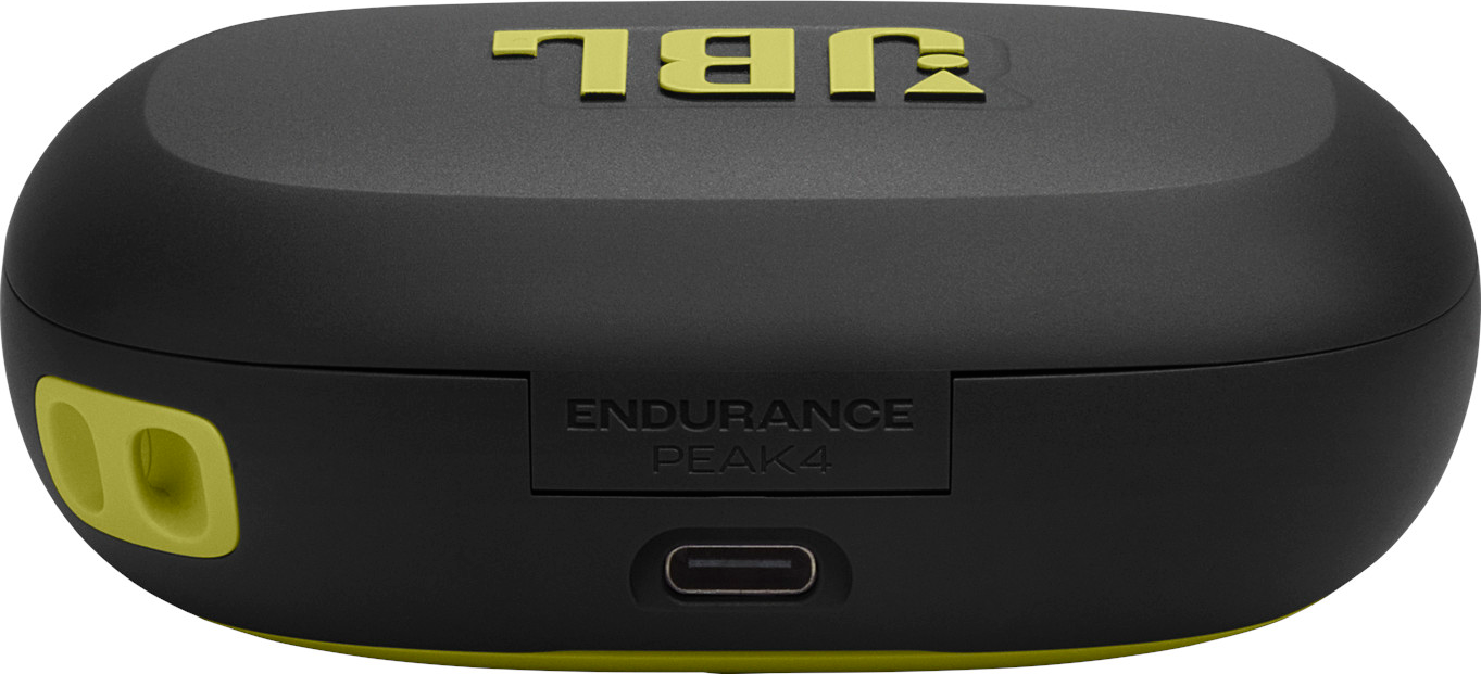 Étui de chargement noir et jaune JBL Endurance Peak 4. Le logo JBL est en haut. 'ENDURANCE PEAK 4' est imprimé sur le devant.