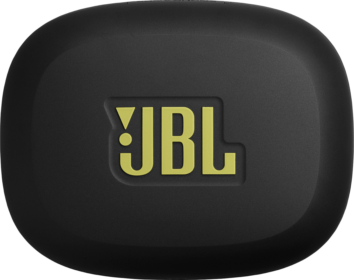 Un étui noir arrondi avec le logo JBL jaune au centre.