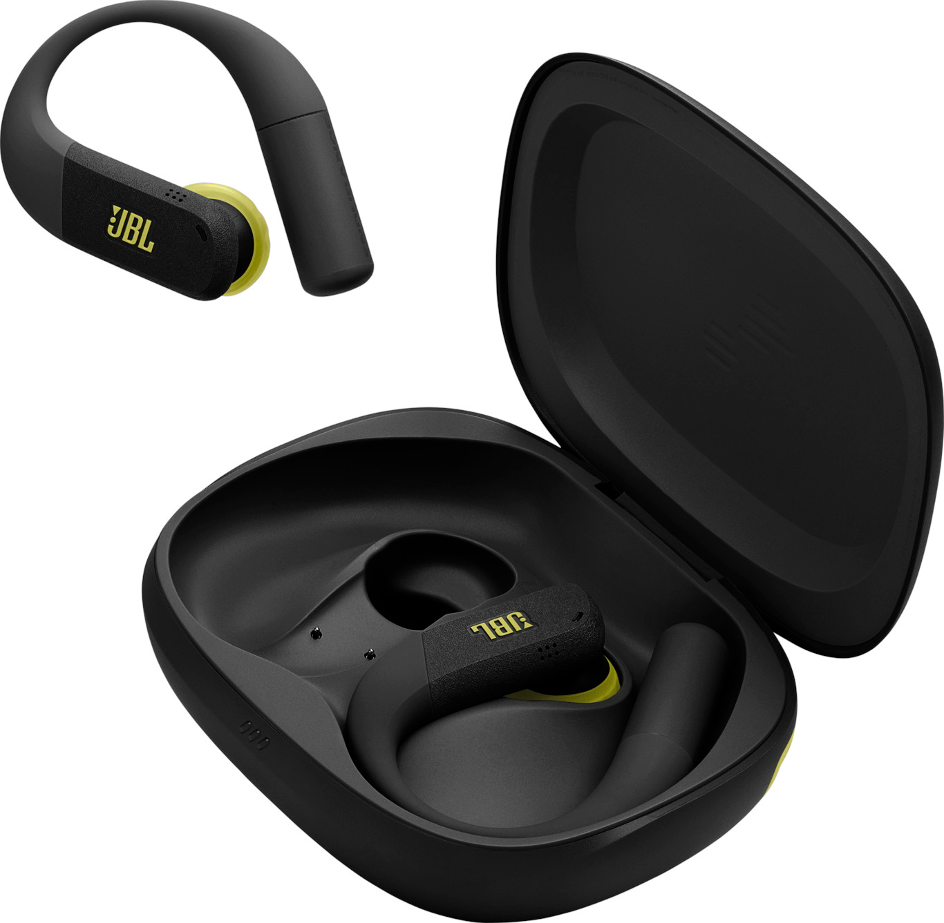 Écouteurs JBL noirs avec accents jaunes, un seul séparé et deux dans un étui de charge noir ouvert. Logo JBL visible.