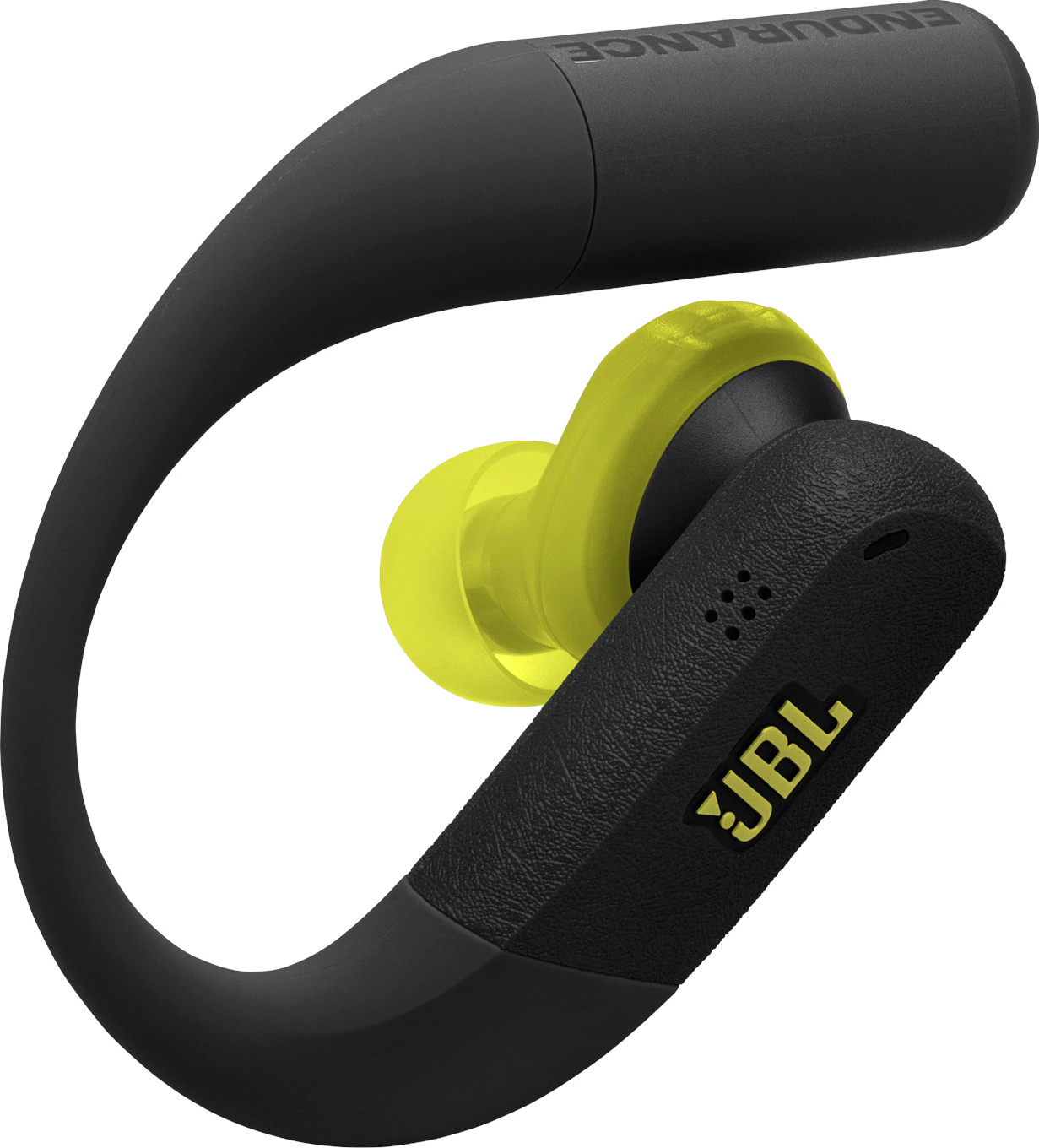 Écouteurs sans fil JBL Endurance noirs et jaunes. L'écouteur a un embout jaune. L'arceau est noir. La marque JBL est jaune.