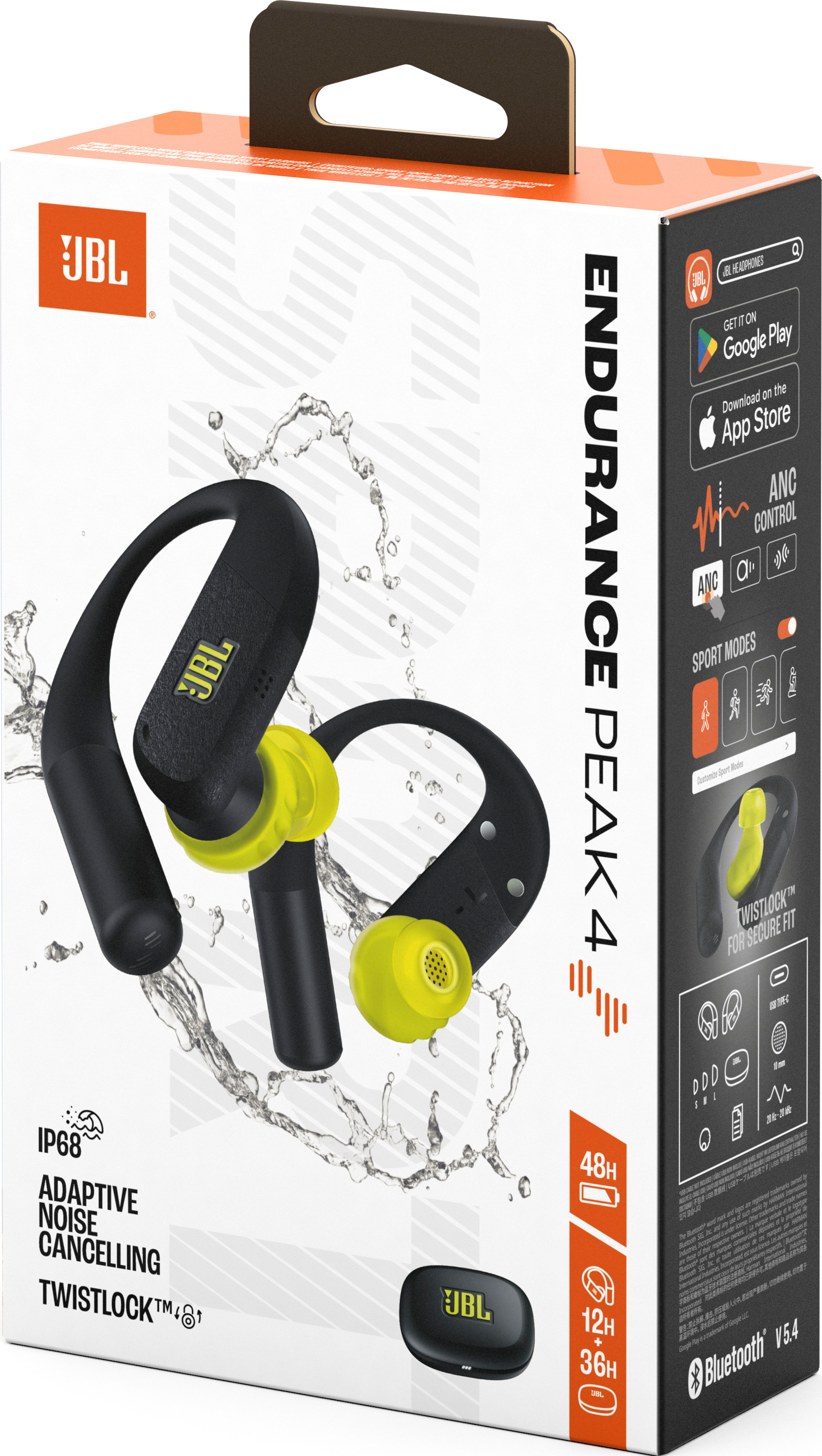 Écouteurs JBL Endurance Peak 4 en boîte. Écouteurs noirs et jaunes avec effet d'éclaboussures d'eau. Le texte inclut des fonctionnalités.