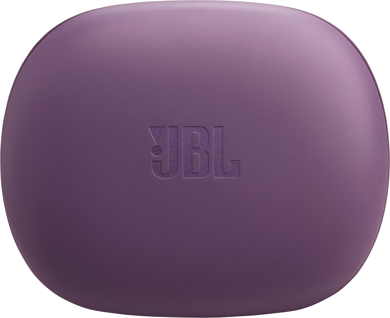 Ein lila JBL-Kopfhörer-Etui. Das JBL-Logo ist auf der Vorderseite eingeprägt. Das Etui ist rund und hat eine glatte Textur.