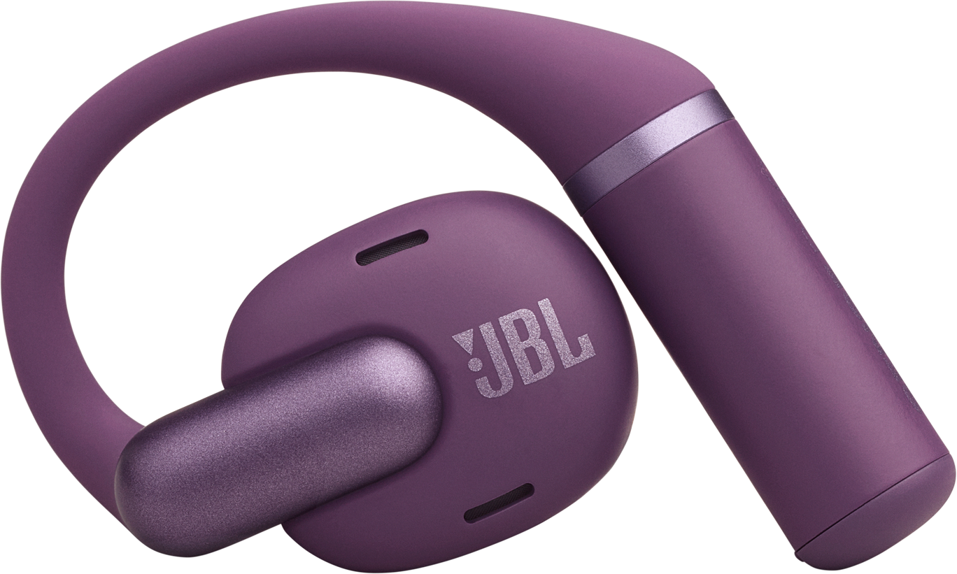 Ein lila JBL-Wireless-Ohrhörer mit geschwungenem Design, mit dem JBL-Logo. Der Hintergrund ist schwarz.