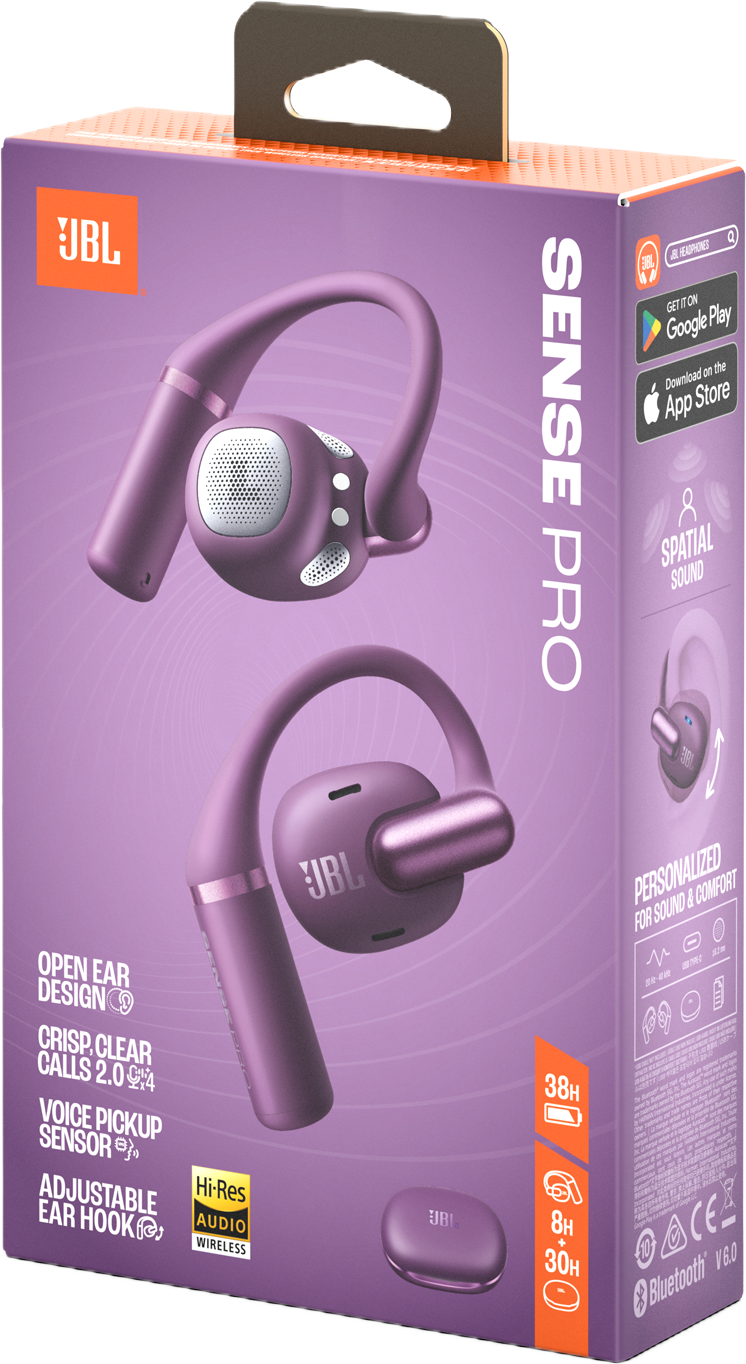 Schachtel mit JBL Sense Pro-Ohrhörern. Die Schachtel ist lila und zeigt das Produkt und seine Eigenschaften. Enthält ein Ladeetui.