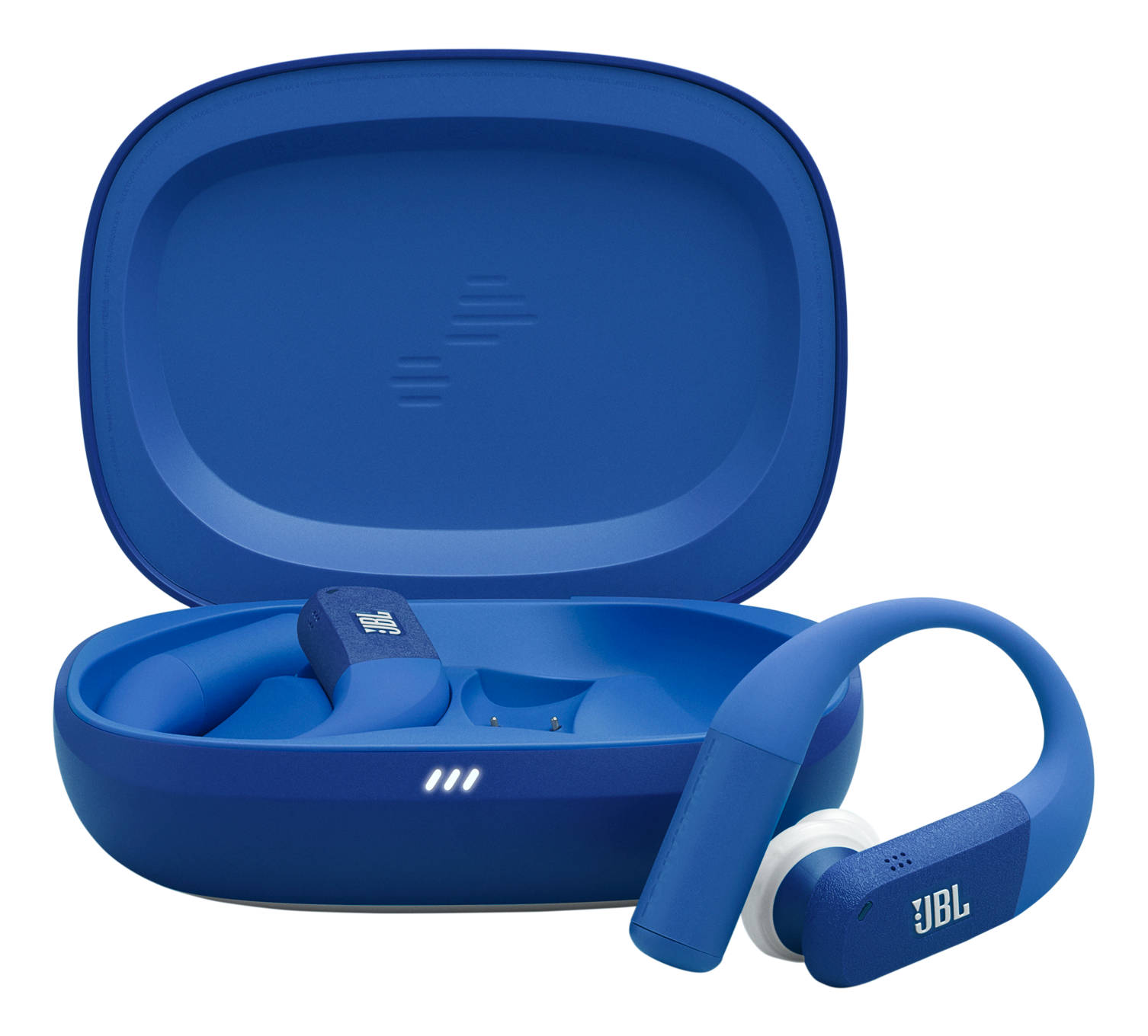 Écouteurs JBL bleus et étui de chargement. Un écouteur est en dehors de l'étui. Embouts blancs et fond noir.