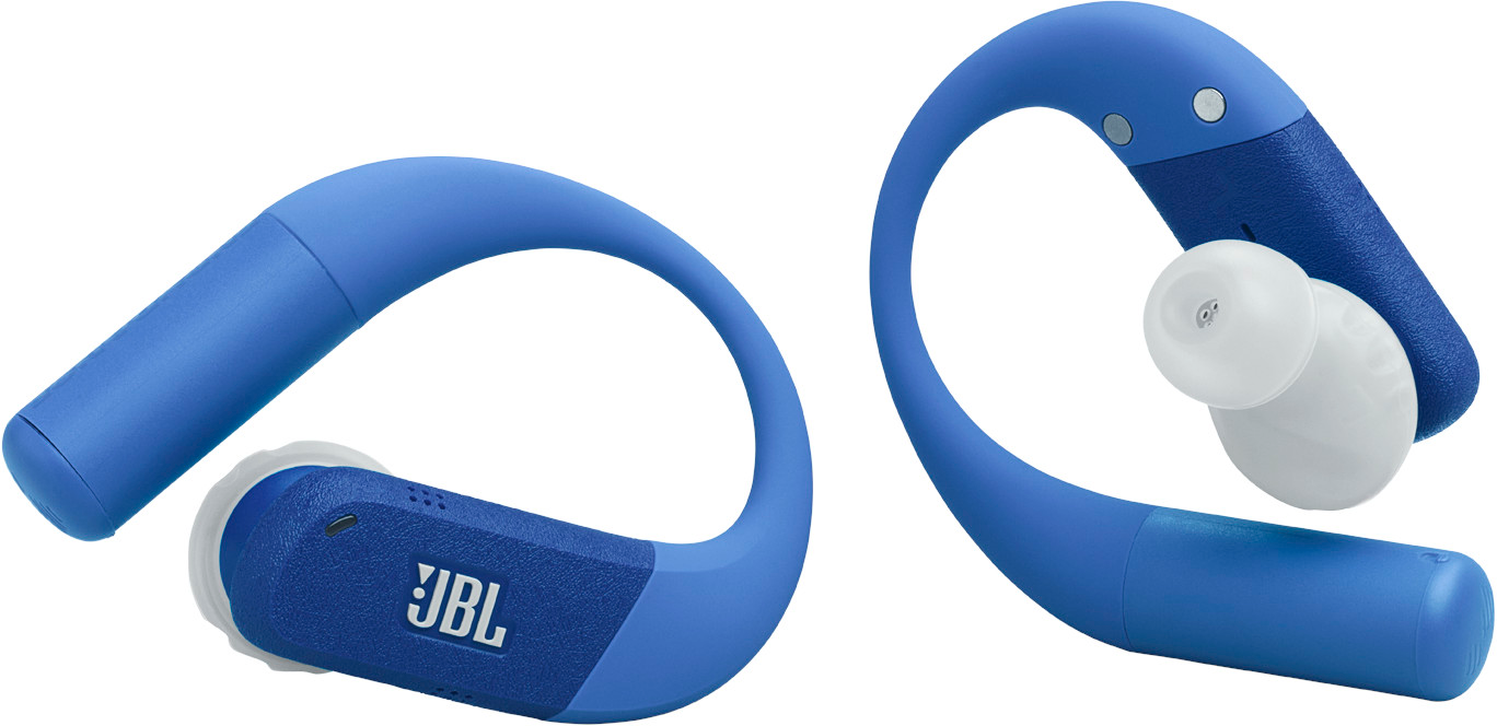 Deux ensembles d'écouteurs JBL bleus. Chacun a une boucle d'oreille bleue et un écouteur bleu foncé avec un embout blanc. Le fond est blanc.