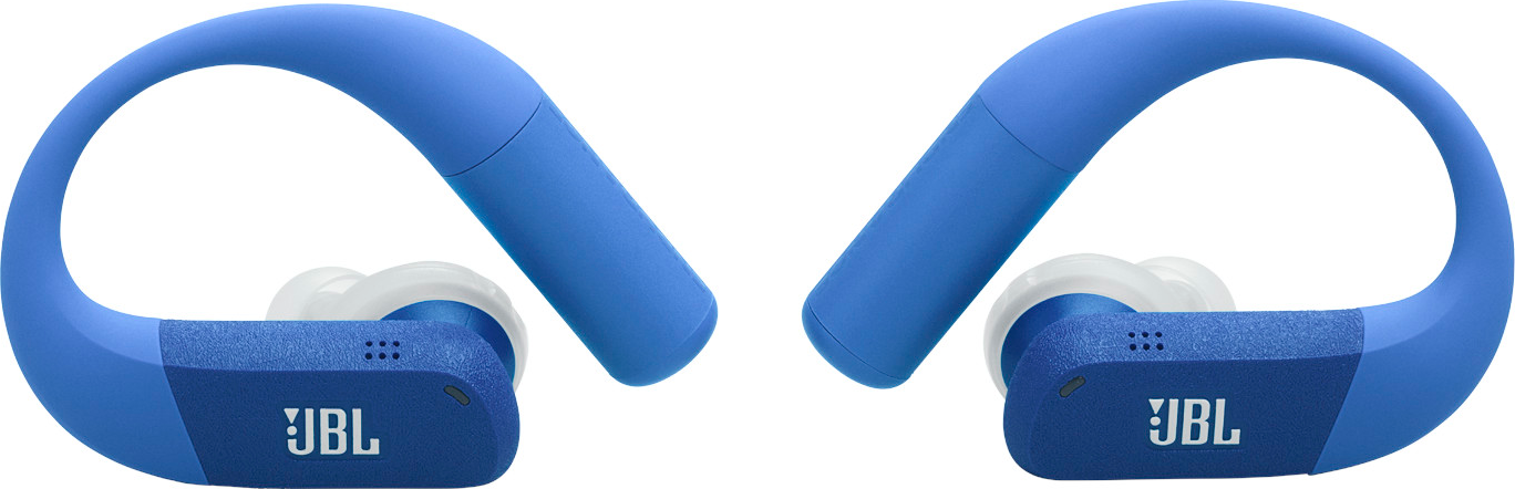Deux écouteurs JBL bleus avec embouts blancs. Le logo JBL est visible.