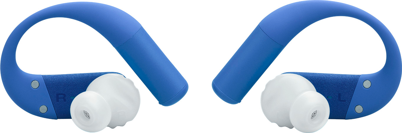 Deux écouteurs bleus et blancs avec des crochets d'oreille. Le droit est marqué d'un « R » et le gauche d'un « L ».