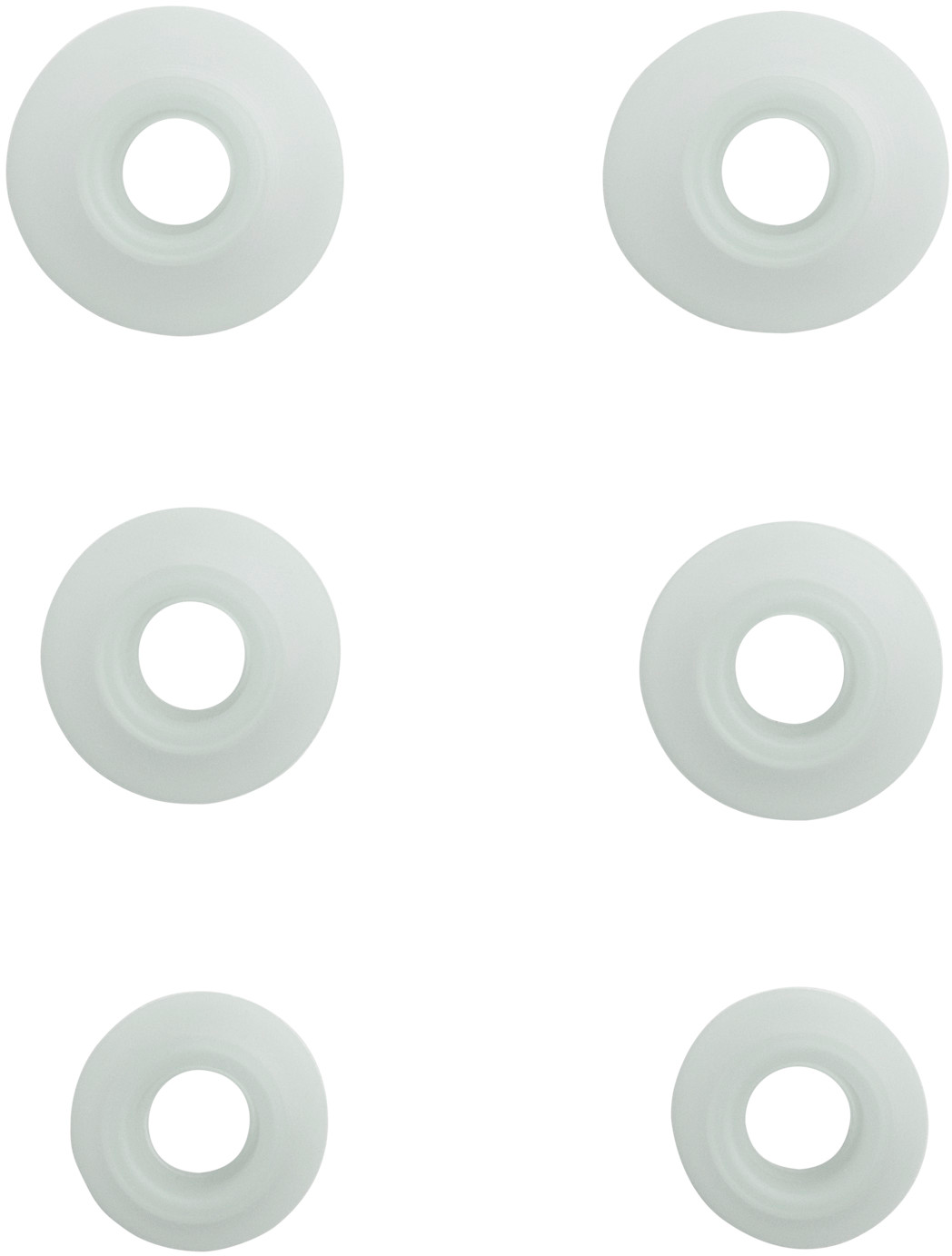 Six objets circulaires blancs avec des trous au centre sont disposés sur fond blanc. Ils semblent être en plastique.
