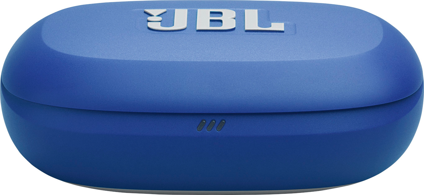 Étui d'écouteurs JBL bleu. Logo JBL blanc sur le dessus. Trois points en dessous. Forme ovale, surface lisse, fond blanc.