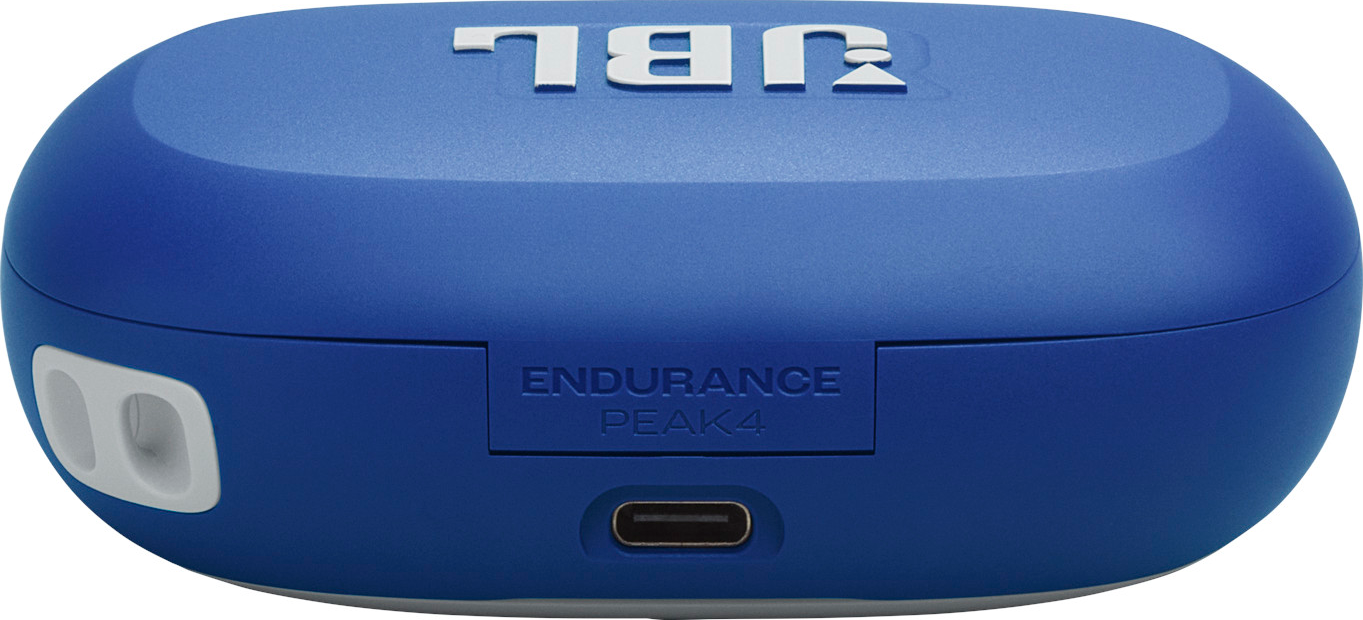 Étui pour écouteurs JBL Endurance Peak 4 bleu. L'étui porte un logo JBL blanc et les mots ENDURANCE PEAK 4 sont écrits dessus.