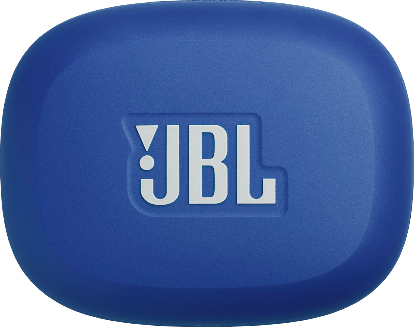 Un étui d'écouteurs JBL bleu. Le logo JBL est blanc et centré. L'étui a une forme rectangulaire arrondie.