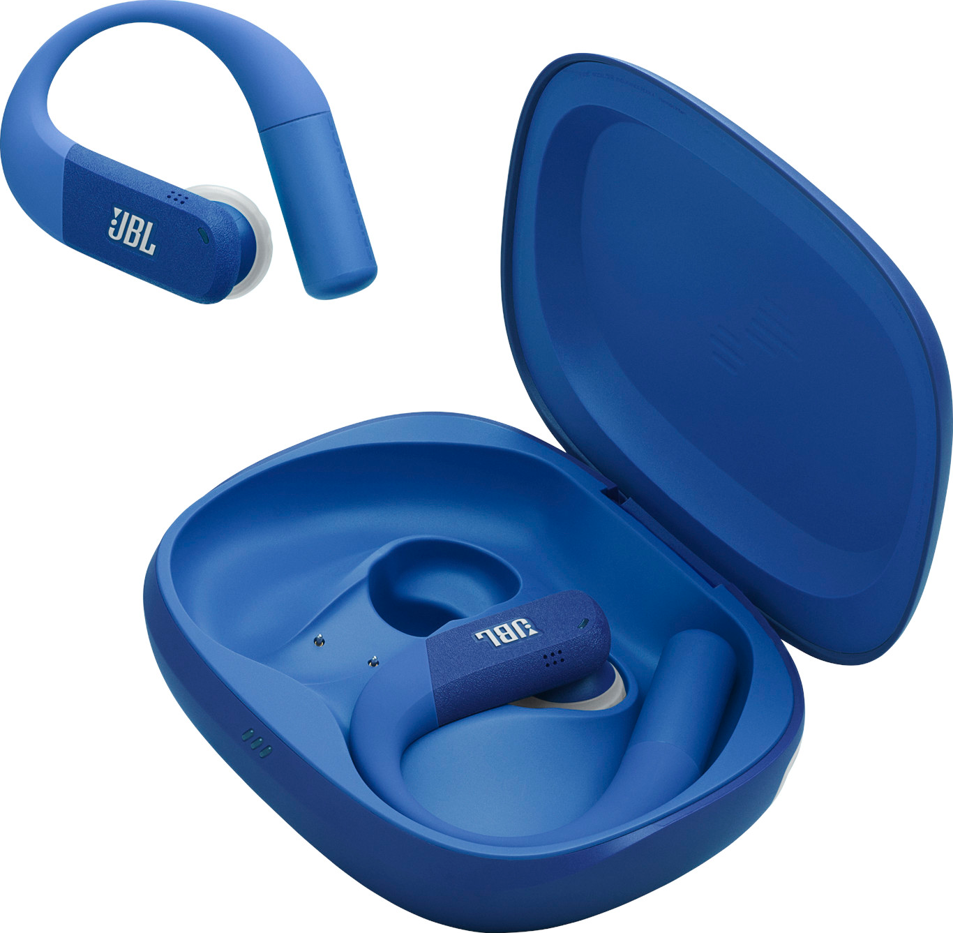 Écouteurs JBL bleus avec étui de chargement. Un écouteur détaché. Étui ouvert, montrant un écouteur à l'intérieur.