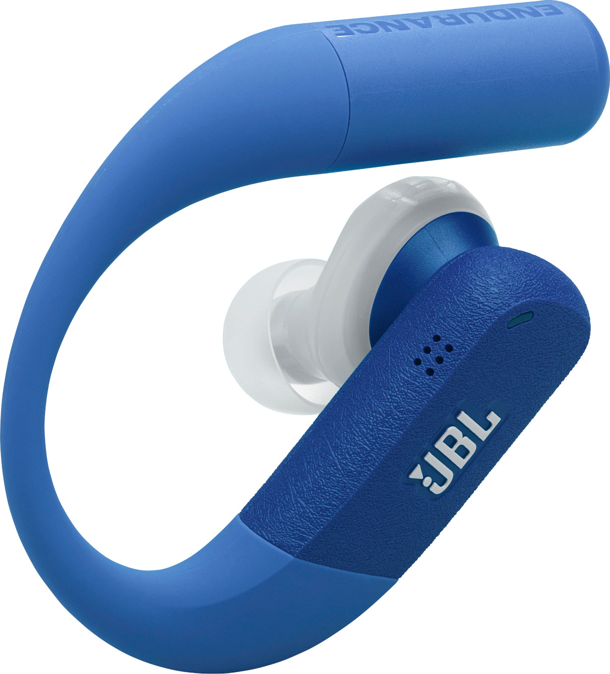 Écouteur sans fil JBL Endurance bleu et blanc. Il possède un crochet pour le fixer à l'oreille. La marque est visible.
