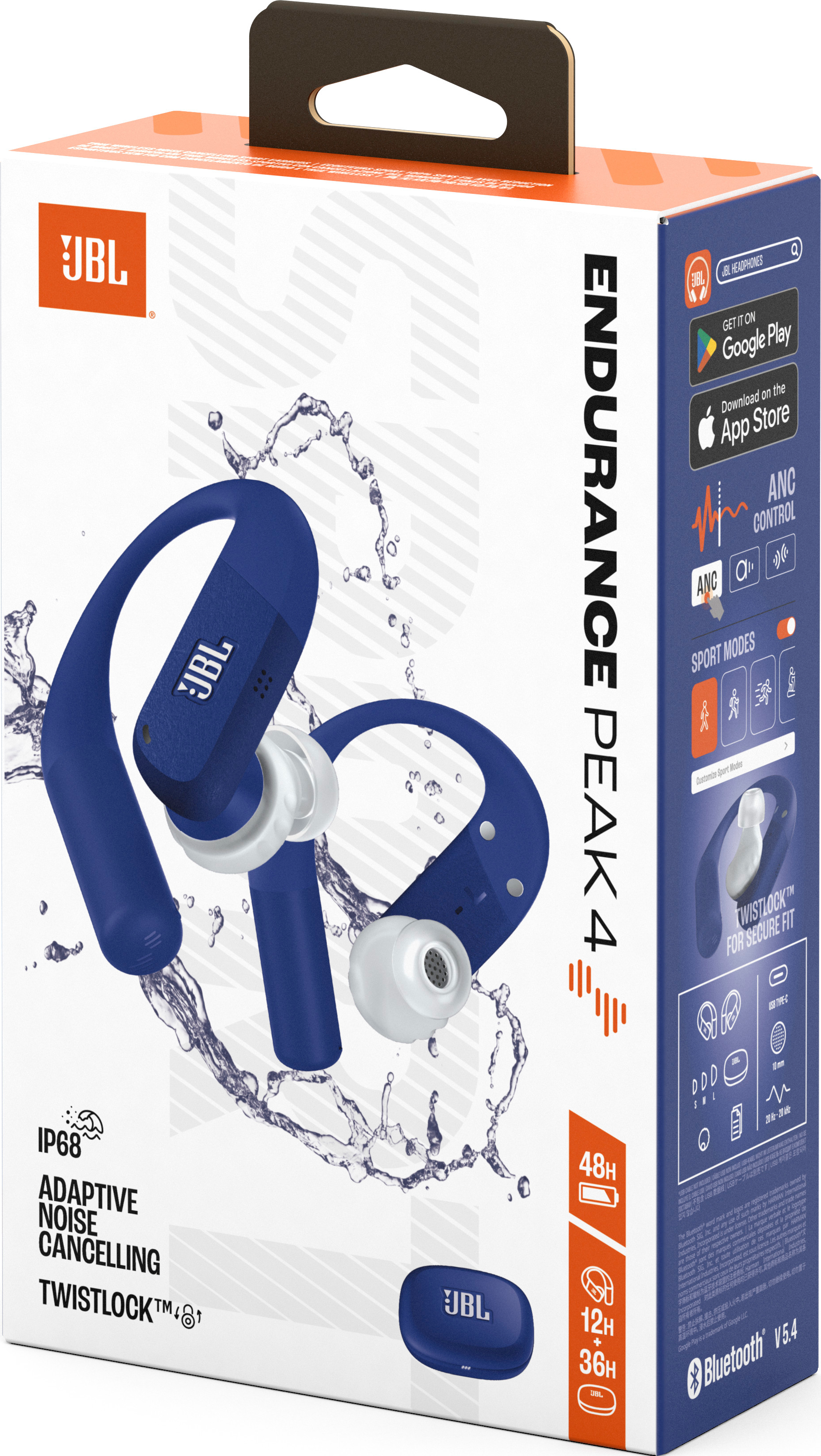Boîte d'écouteurs JBL Endurance Peak 4. Écouteurs bleus, détails blancs. Caractéristiques : ANC, Twistlock, IP68 et batterie 48H.