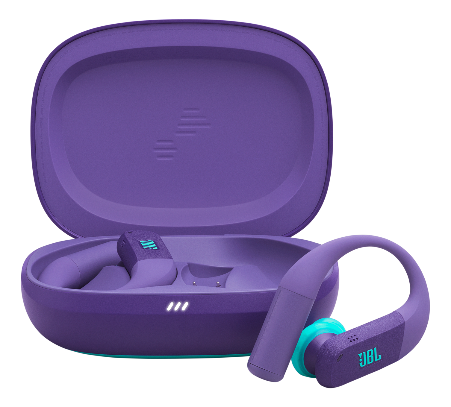 Écouteurs JBL violets avec étui de chargement. Un écouteur est en dehors de l'étui. L'étui est ouvert, montrant l'intérieur.