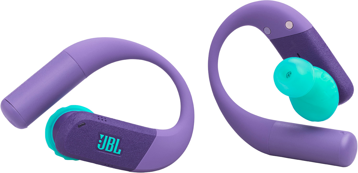 Deux écouteurs JBL violets et turquoise. L'écouteur est turquoise, le reste est violet. Le logo est turquoise sur les écouteurs.