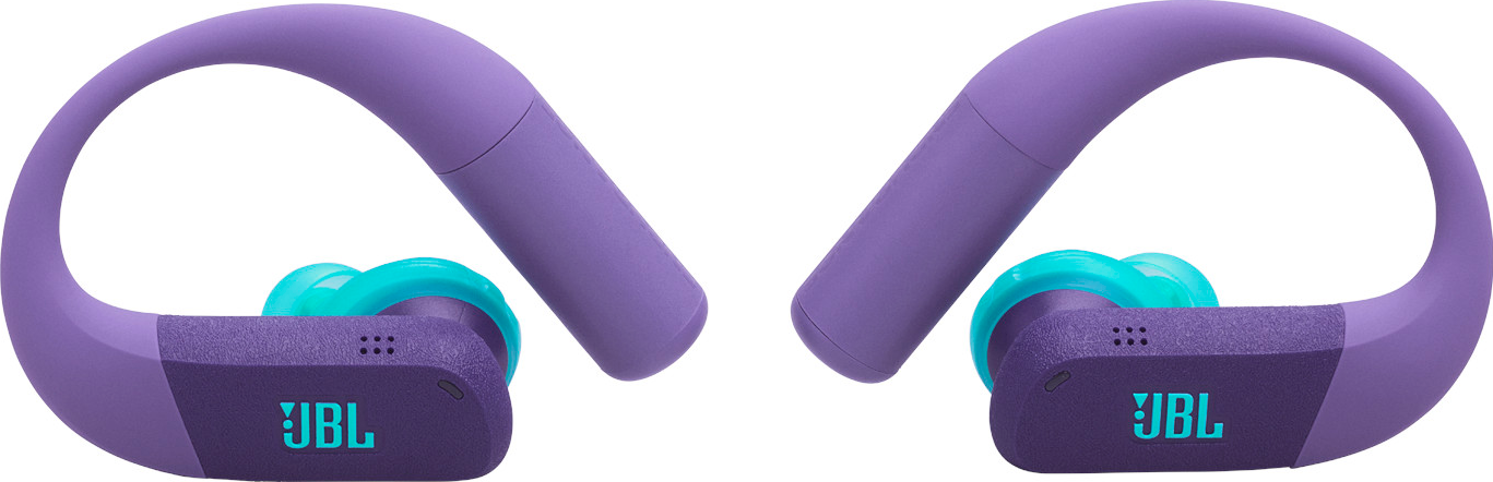 Paire d'écouteurs JBL violets. Les embouts sont turquoise. Le logo JBL est visible sur chaque écouteur.