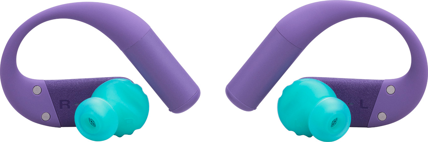Deux écouteurs sans fil violets et turquoise. Chacun a une boucle et un écouteur. Celui de gauche a la lettre 'L' et celui de droite 'R'.