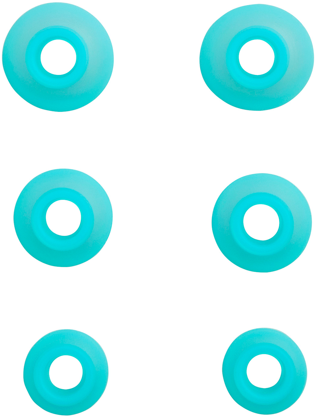 Six objets turquoise en forme de beignet avec des centres blancs sont disposés sur un fond blanc.