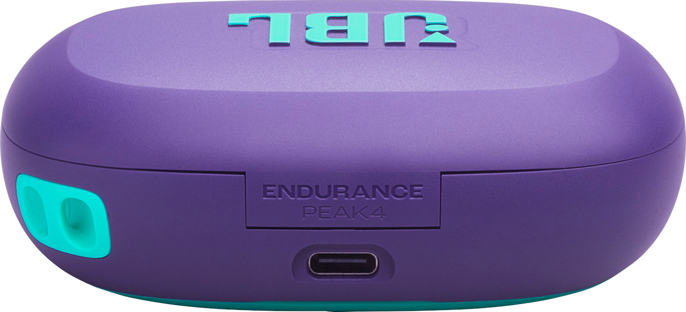 Un étui de chargement violet JBL Endurance Peak 4. Il a un accent turquoise et le logo JBL turquoise. Le texte Endurance Peak 4 est visible.