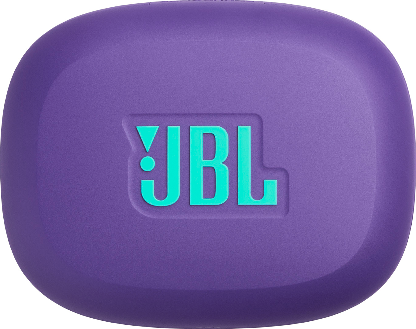 Un étui d'écouteurs JBL violet. Le logo JBL est turquoise, centré sur l'étui.