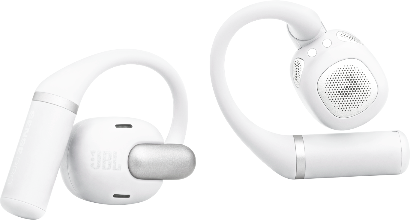 Zwei weiße JBL-Kopfhörer mit geschwungenem Design. Einer zeigt das JBL-Logo. Sie haben silberne Akzente und ein Lautsprechergitter.