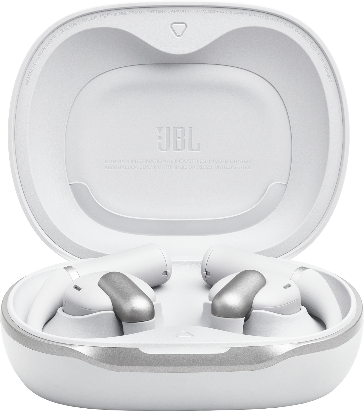 Weiße JBL-Ohrhörer in ihrem Ladecase. Das Case ist geöffnet und zeigt die Ohrhörer und das JBL-Logo.