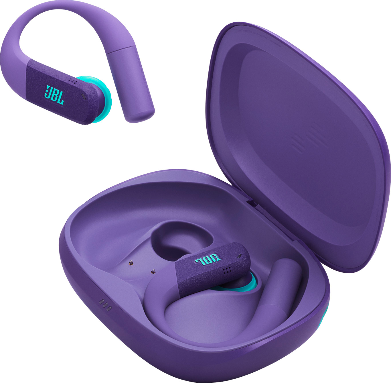 Écouteurs JBL violets et étui de chargement. Un écouteur est hors de l'étui. Accents turquoise et logo JBL visibles.