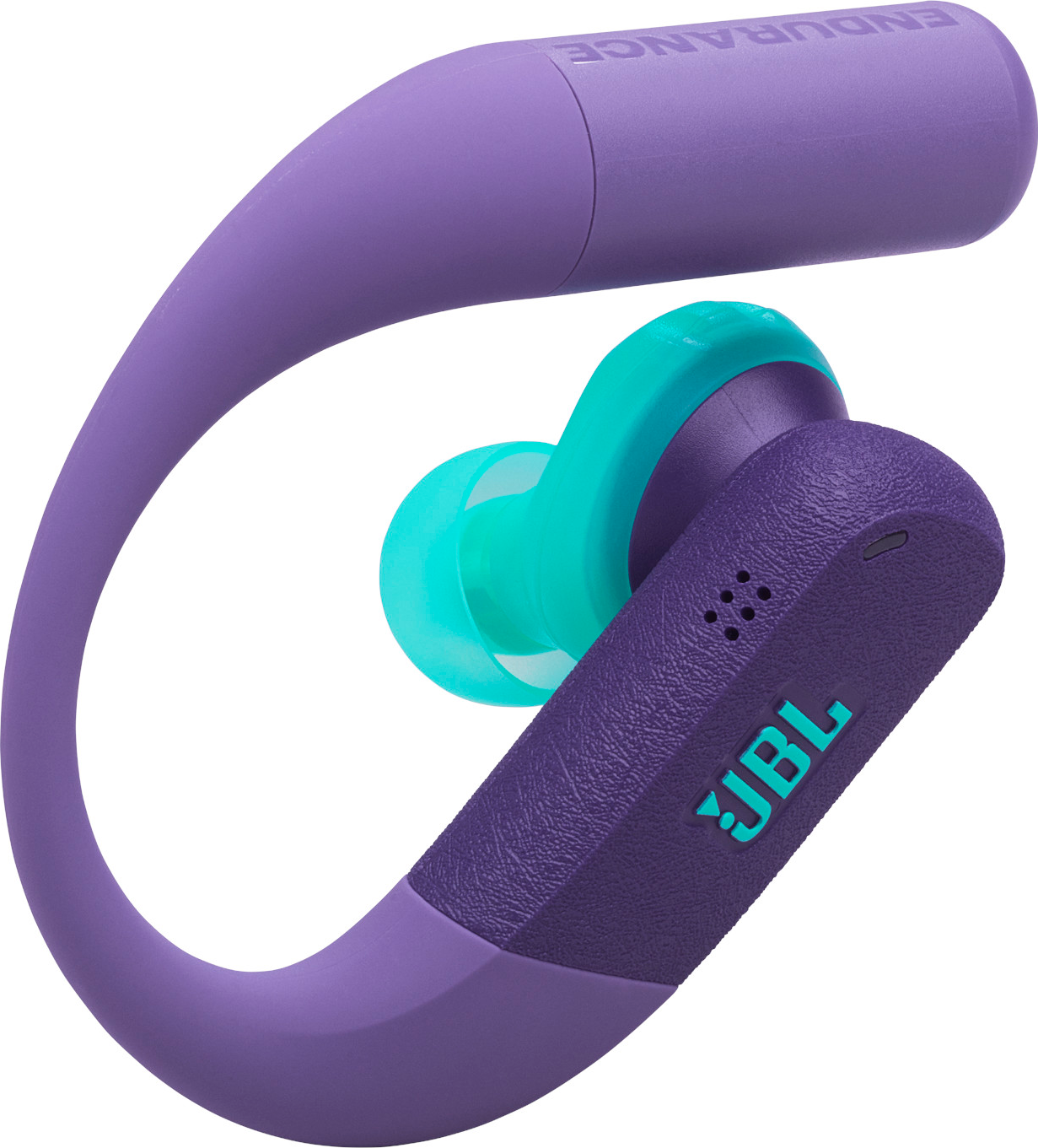 Écouteurs JBL Endurance violets et teal. L'écouteur est teal, le corps violet avec le logo JBL. L'arceau est violet.