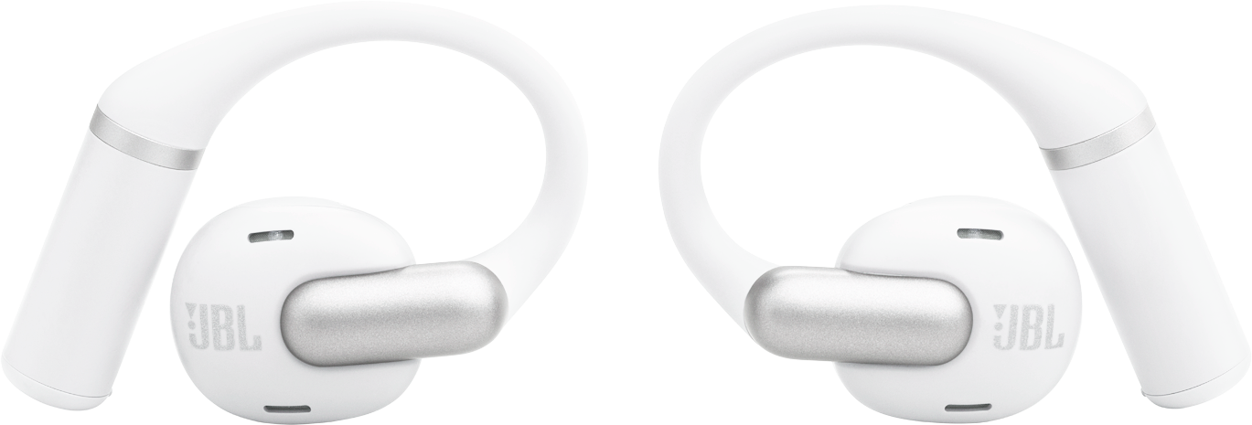 Zwei weiße JBL-Wireless-Ohrhörer mit Ohrbügeln, silbernen Akzenten und dem JBL-Logo. Sie sind vor schwarzem Hintergrund isoliert.