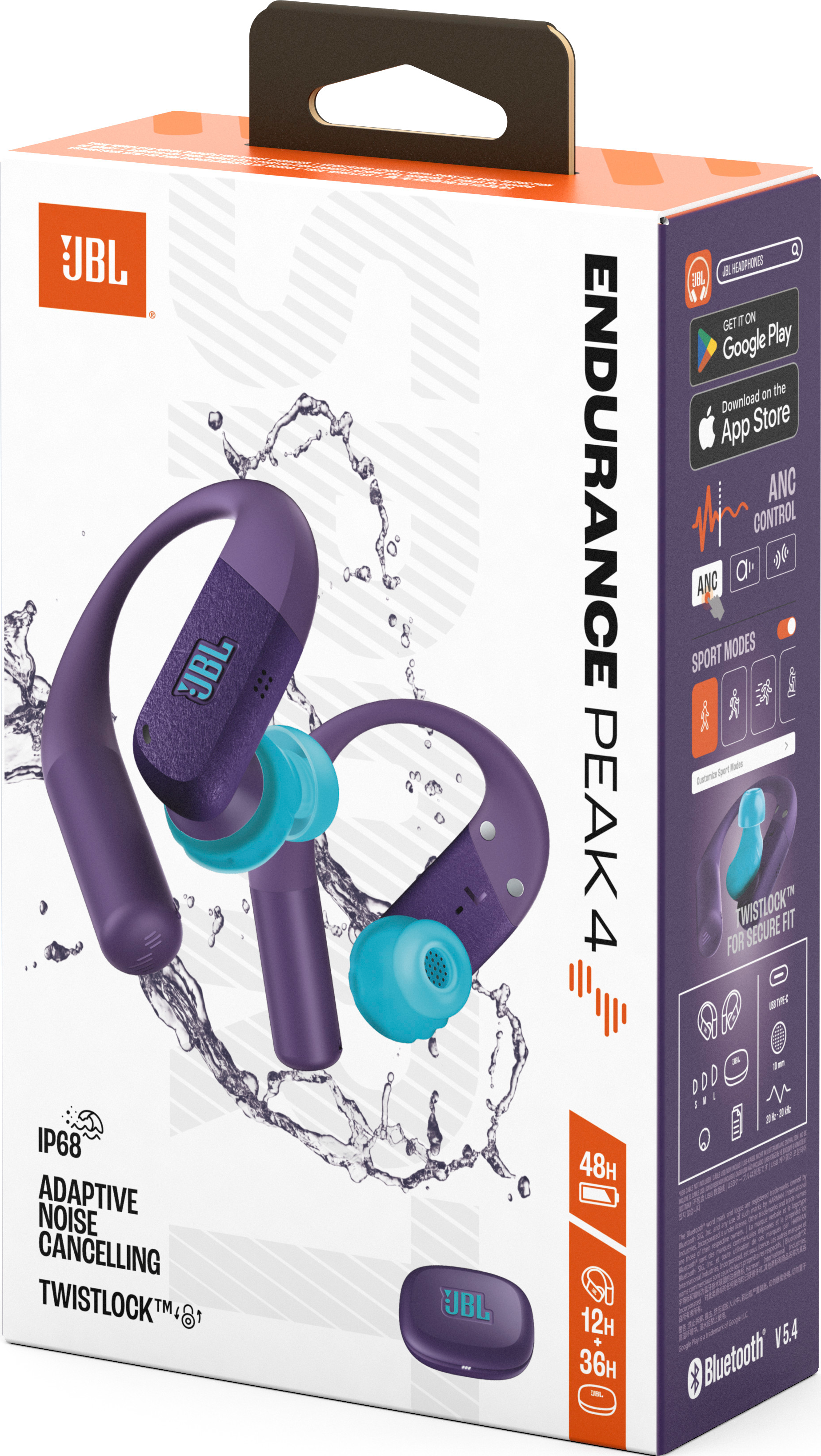 Boîte des écouteurs JBL Endurance Peak 4. Écouteurs violets, embouts turquoise, effet éclaboussures d'eau et détails.