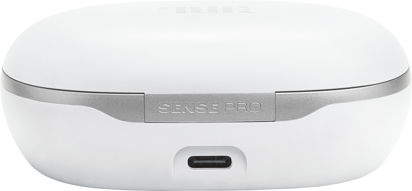 Weißes JBL Sense Pro Kopfhörer-Etui. Graue Akzente und 'SENSE PRO'-Aufschrift. USB-C-Anschluss unten.