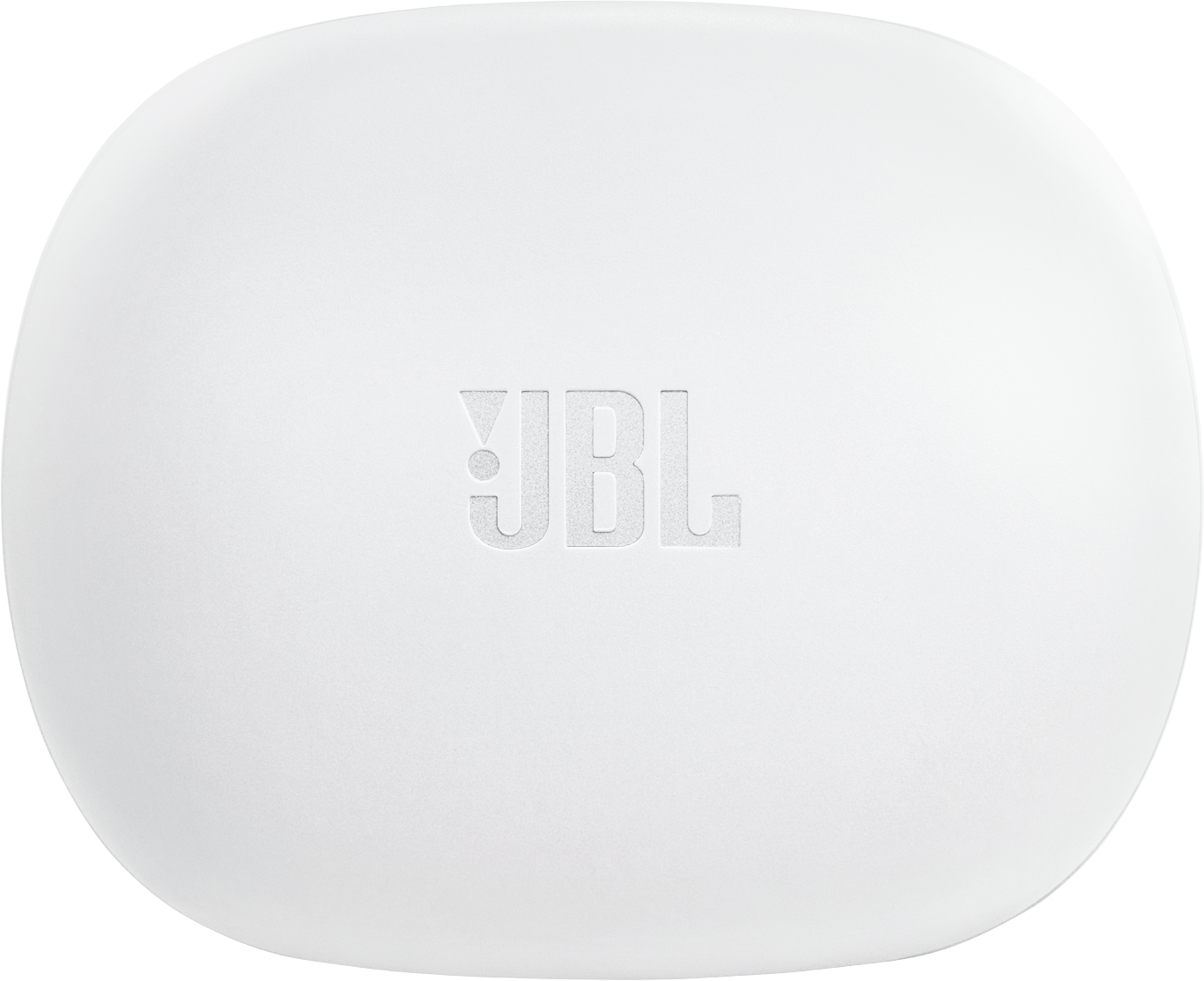 Ein weißes, ovales JBL-Etui. Das JBL-Logo ist mittig geprägt. Das Etui steht vor einem schwarzen Hintergrund.