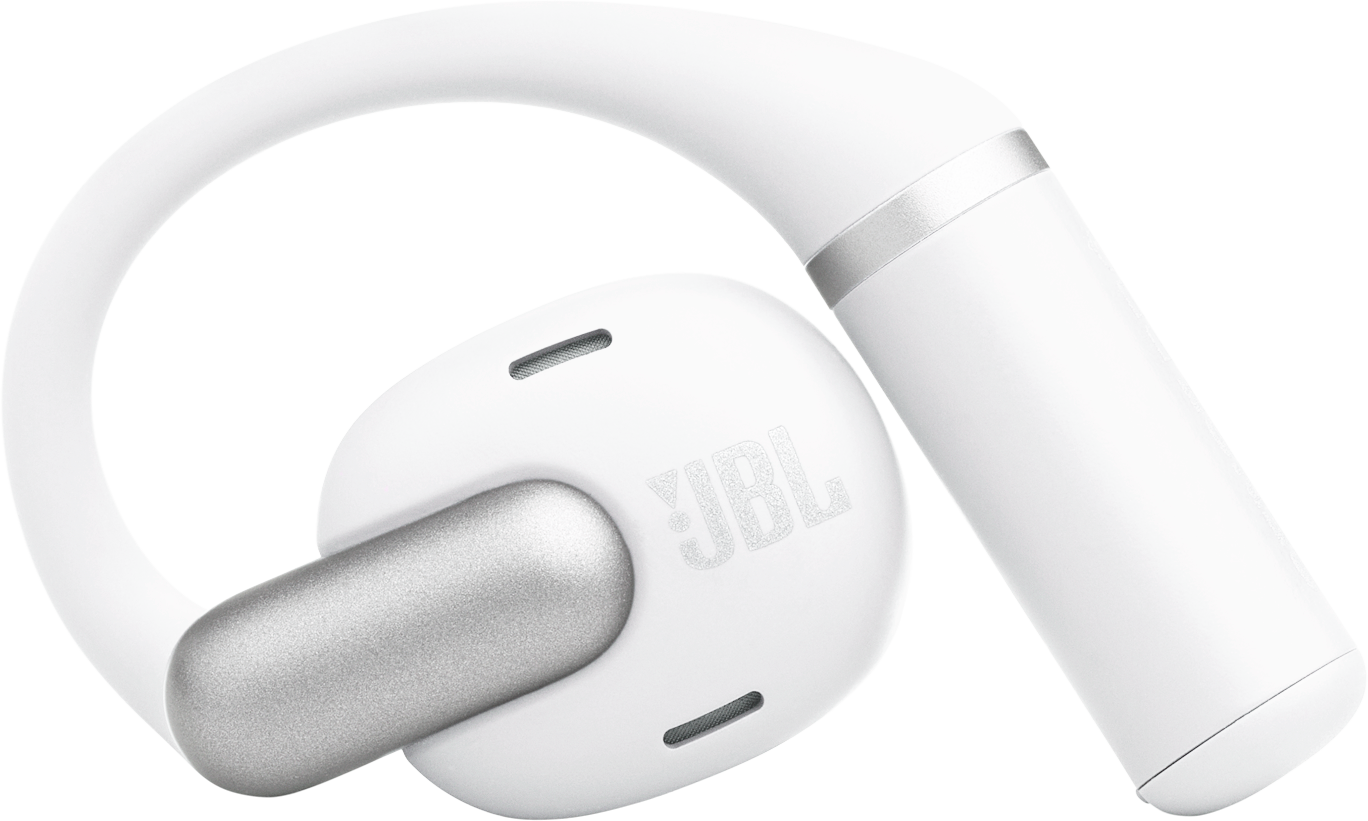 Weißer JBL-Ohrhörer mit silbernen Akzenten. Der Ohrhörer hat ein geschwungenes Design mit einer Schlaufe. Das JBL-Logo ist sichtbar.
