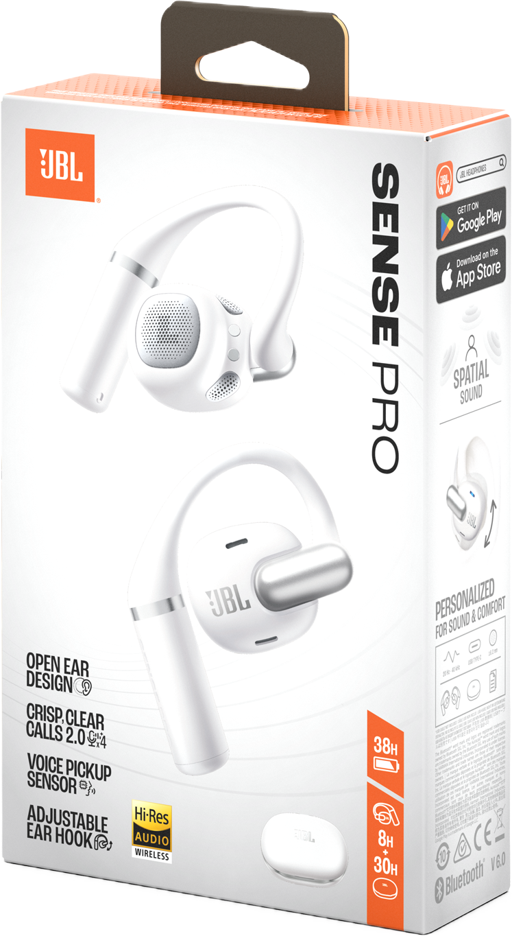 Weiße JBL Sense Pro Kopfhörerbox. Merkmale sind Open-Ear-Design, klare Anrufe, Sprachaufnahme und verstellbarer Ohrbügel.