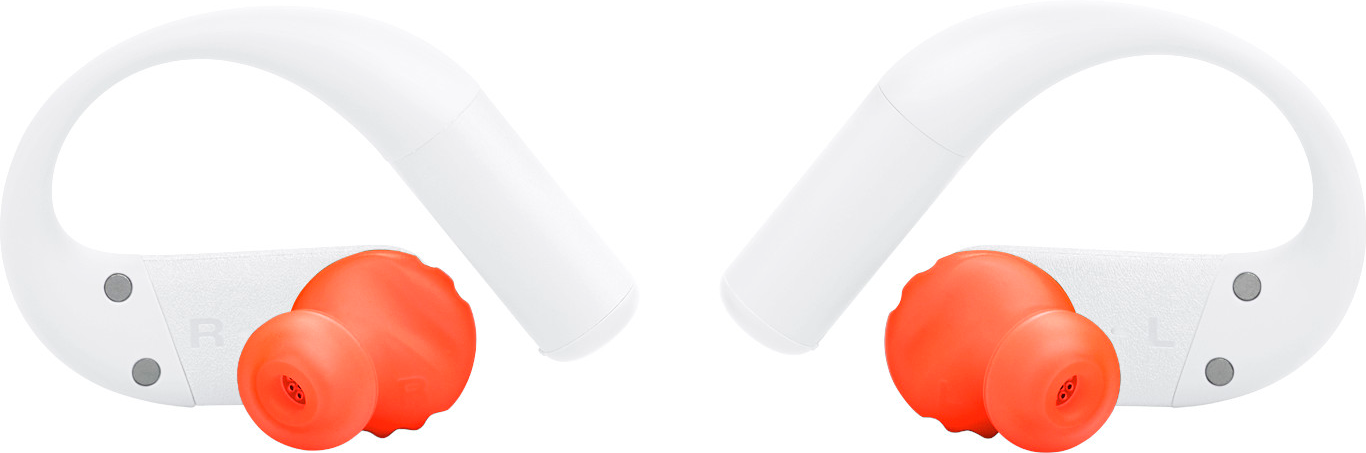 Deux écouteurs blancs et oranges. Chacun a un crochet blanc sur l'oreille et un écouteur orange.