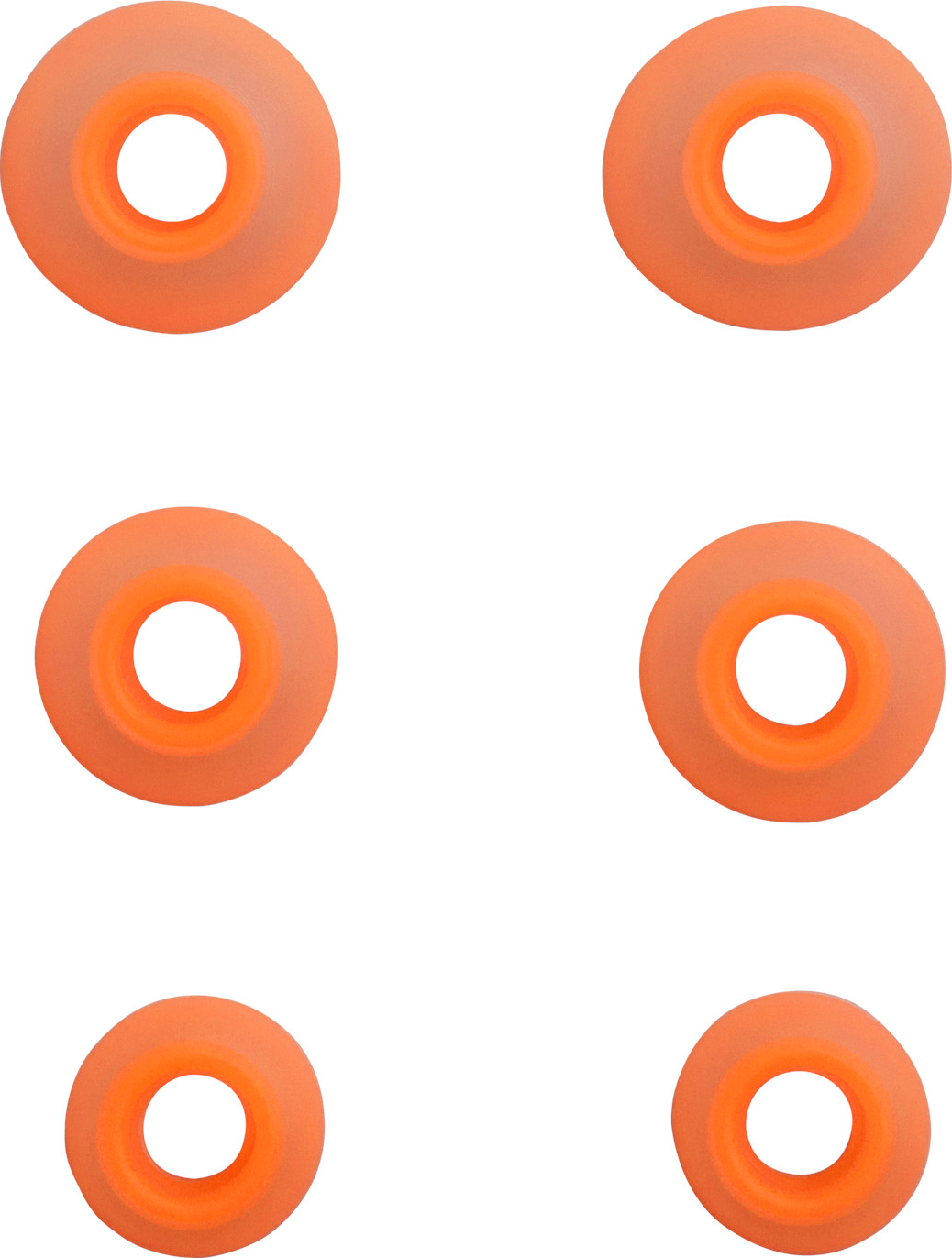 Six objets orange en forme d'anneau sur fond blanc. Chacun a un trou central et une couleur en dégradé.