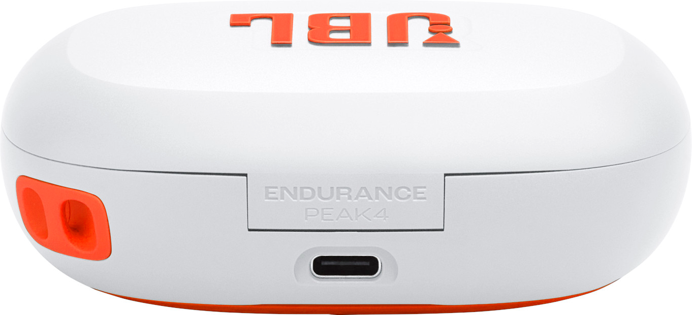 Étui de chargement blanc JBL Endurance Peak 4. Accents orange. Logo JBL en haut. Texte Endurance Peak 4 en bas.