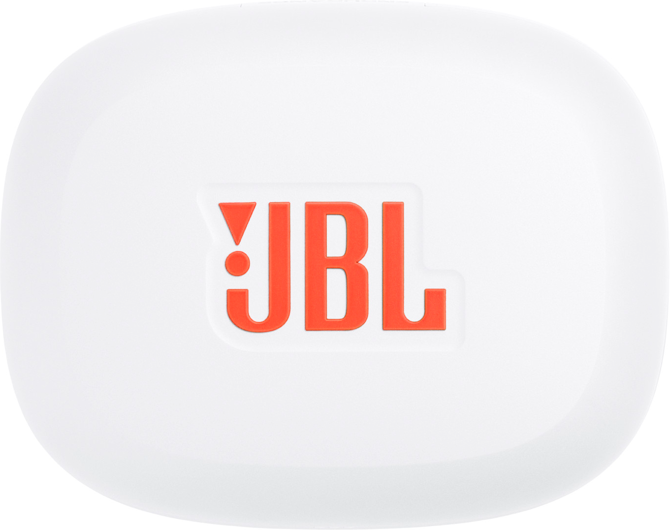 Boîtier blanc et arrondi avec le logo orange JBL. Le logo est centré et bien en évidence.
