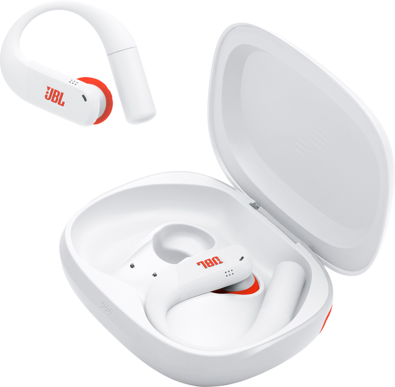Écouteurs JBL blancs et étui de chargement. Les écouteurs ont des accents orange. L'étui est ouvert, montrant un écouteur à l'intérieur.