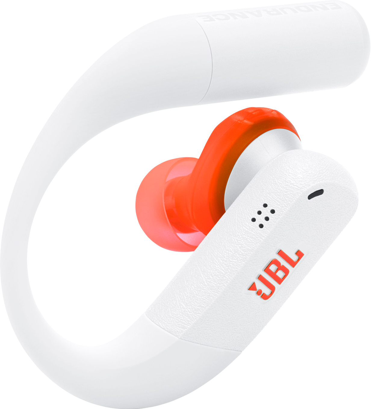 Écouteurs JBL Endurance blancs et oranges. L'écouteur est orange. Le cadre est blanc. Le logo JBL est visible.