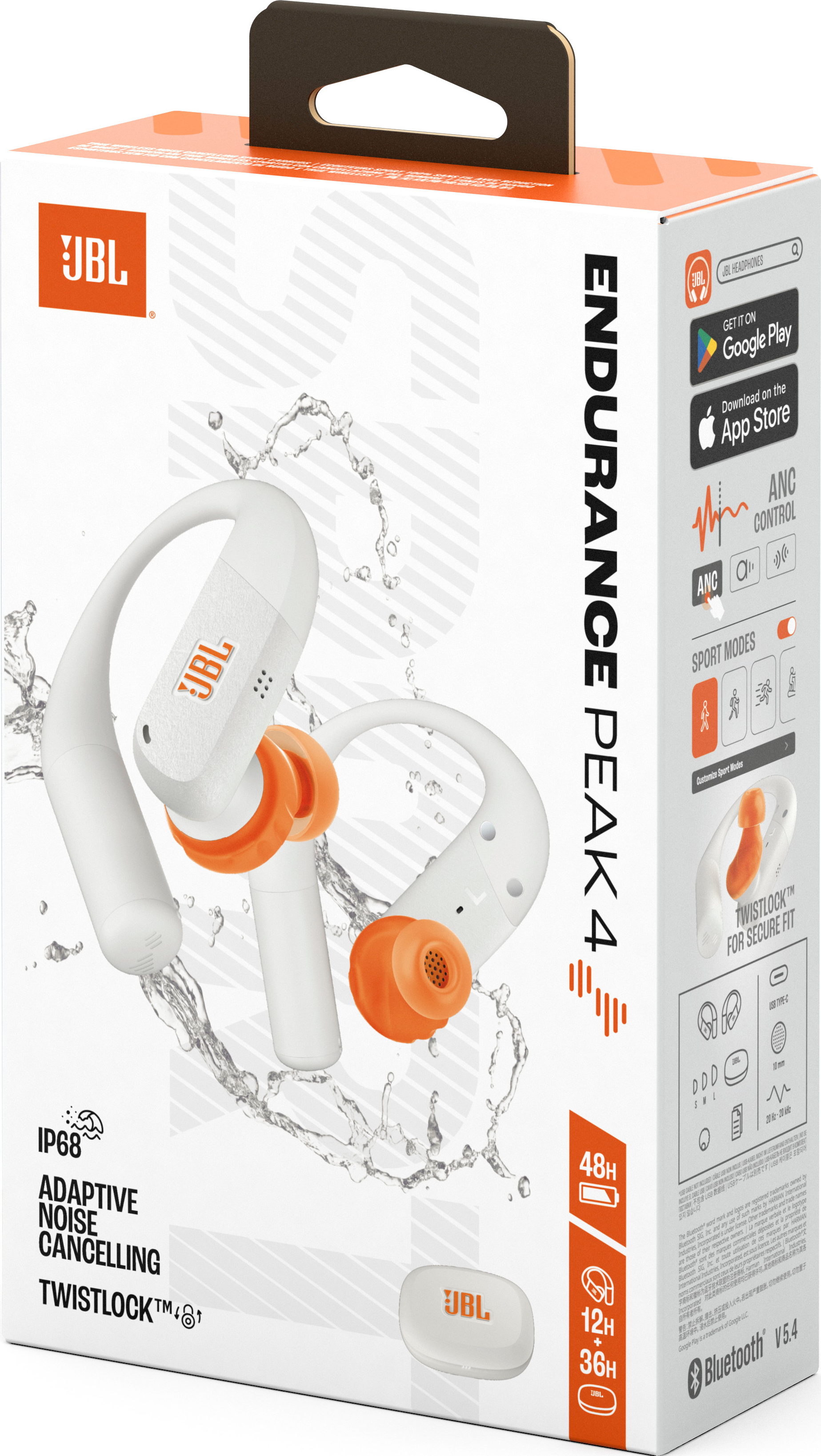 Écouteurs JBL Endurance Peak 4 sur une boîte. Écouteurs blancs avec des touches d'orange en l'air.