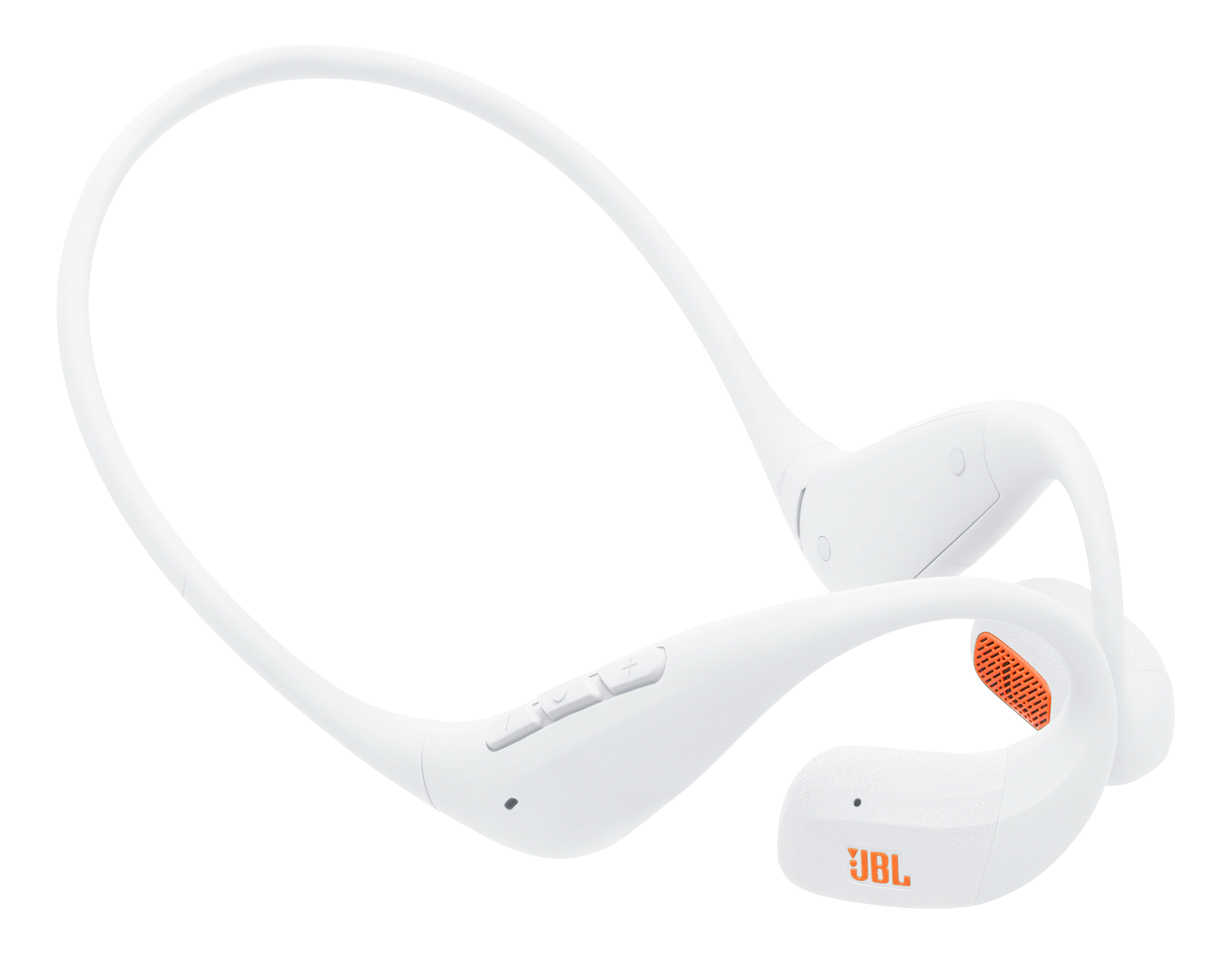 Weiße JBL-Funkkopfhörer mit orangefarbenen Akzenten. Sie haben ein Nackenbügel-Design und Tasten. JBL-Logo ist sichtbar.