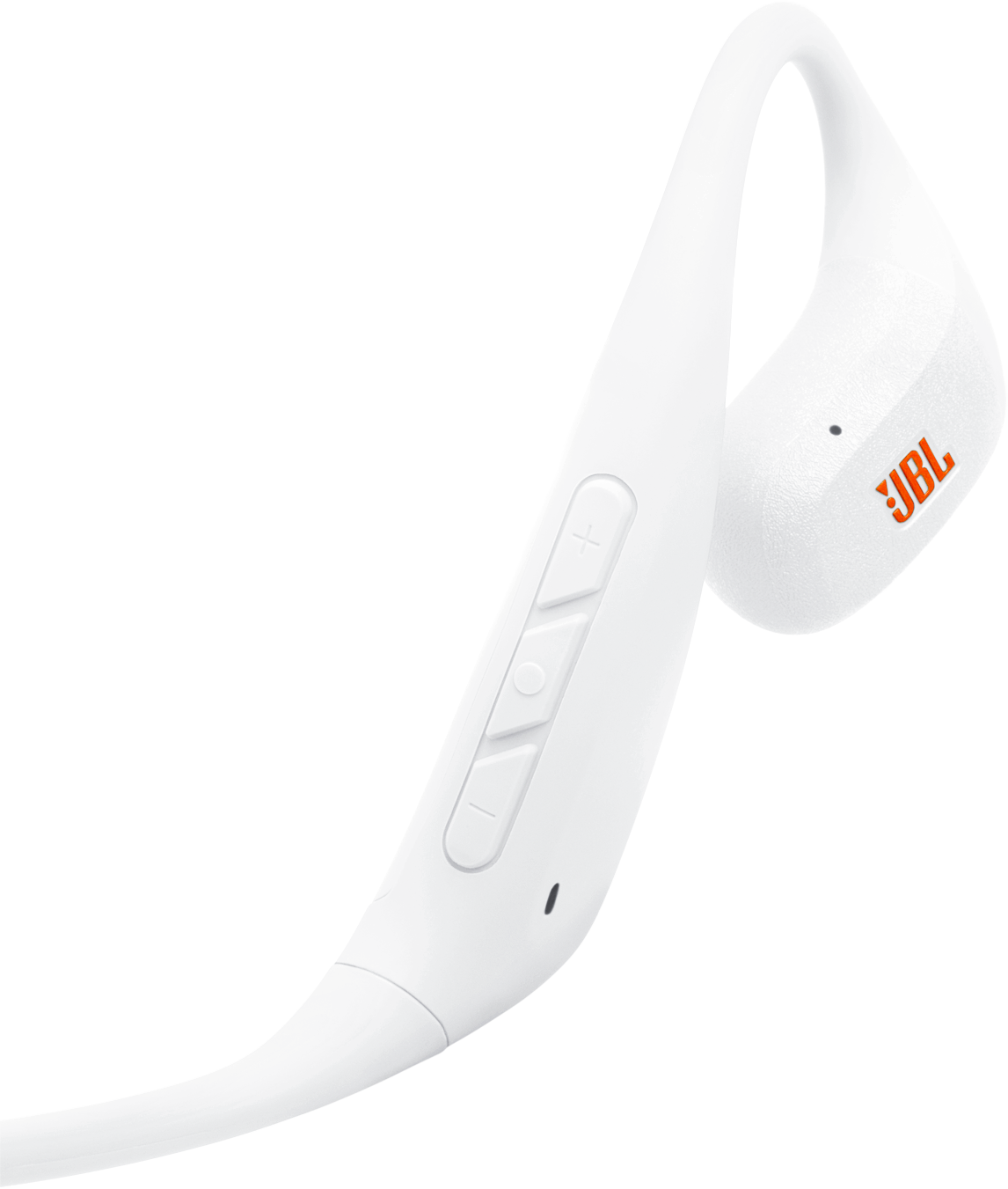 Weiße JBL-Funkkopfhörer mit orangefarbenem Logo. Mit Steuertasten. Schwarzer Hintergrund.