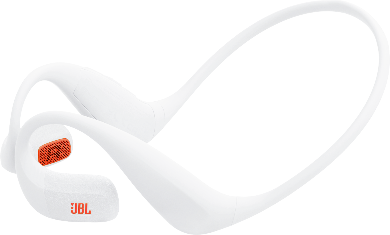 Weiße JBL-Knochenschallkopfhörer mit orangefarbenen Akzenten. Das Logo ist auf dem Ohrhörer sichtbar. Schwarzer Hintergrund.